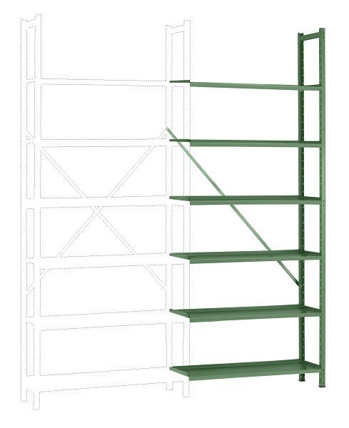 Manuflex Büro-Steck-Anbauregal mit 6 pulverbeschichteten Stahlböden, HxBxT = 2250 x 960 x 300 mm, resedagrün, RA3162.6011