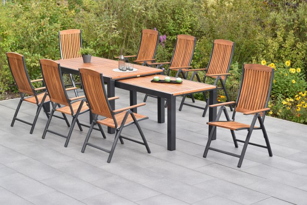 Merxx Athos Set 9-teilig, 8 Klappsessel, 1 Flex Ausziehtisch 180/180 x 100/83 x 80/74 cm, Aluminium mit FSC Akazienholz, 50839-217
