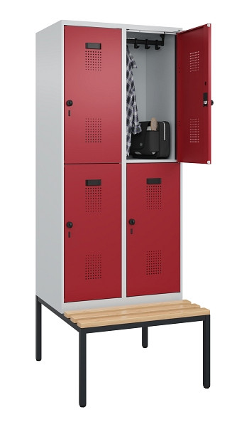 C+P Doppelstock-Spind Evolo PLUS, Bank, 4 Fächer, 2120x800x815mm, 7035/3003, Drehriegel, Sitzfläche Buche-Hartholz, Sitzbank, 0493507-22 S10004