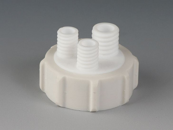 Bohlender Kanister-Verteiler Kappe aus PTFE-Glasfaser mit Verteilerkörper PTFE, Kanistergewinde S 55, Hälse GL 2 x 14 / 1 x 18, D 760-16