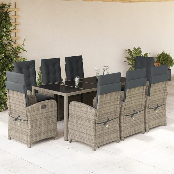 vidaXL 9-teilig Garten-Essgruppe mit Kissen Grau Poly Rattan, 3212219