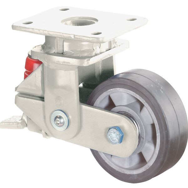 BS Rollen Gefederte Schwerlastrolle mit Feststeller, Breite 50 mm, Ø125 mm, bis 220 kg, Elastik-Reifen schwarz, Körper Aluminium, Kugellager, T120.B80.125