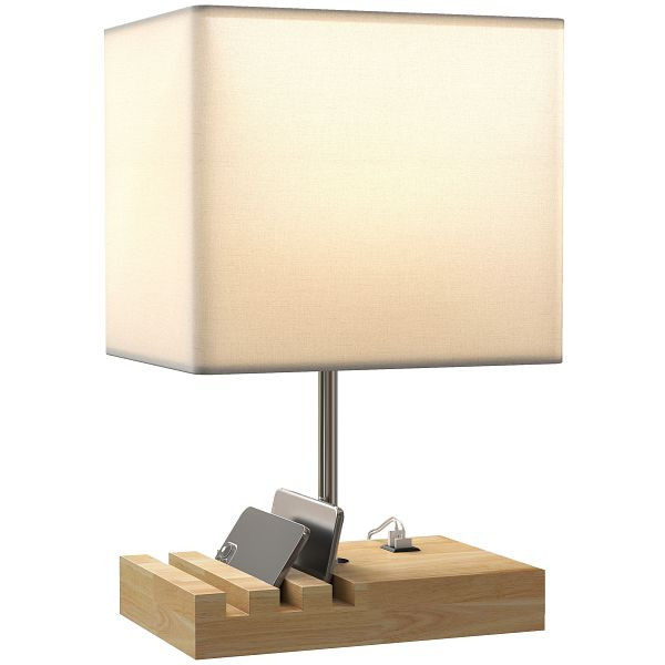 HOMCOM Nachttischlampe, USB-Anschlüsse, Holz, Stoff, Wippschalter, Ablagefächer, Weiß, B31-607V90WT