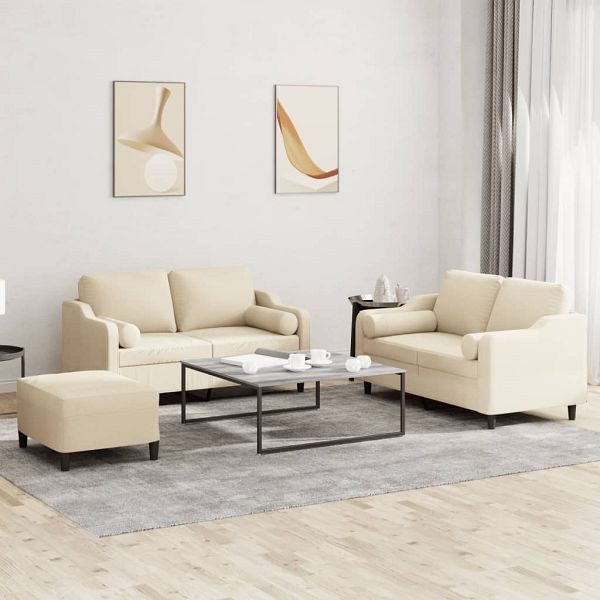 vidaXL 3-teilig Sofagarnitur mit Kissen Creme Stoff, 3201828