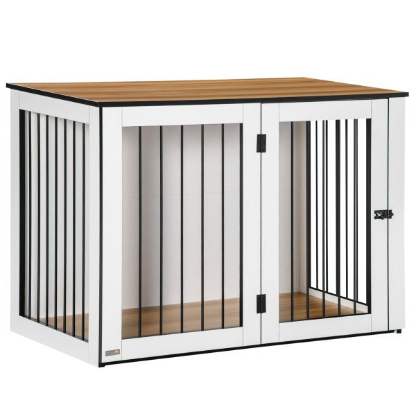 PawHut Hundekäfig für große Hunde, Dunkelwalnuss+Weiß 106 x 60 x 76 cm, D02-090