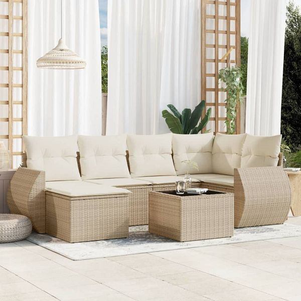 vidaXL 7-teilig Garten-Sofagarnitur mit Kissen Beige Poly Rattan, 3254005