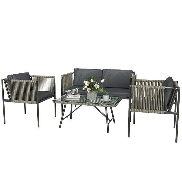 Outsunny 4-teiliges Gartenmöbel-Set, 1 Sofa, 2 Sessel, 1 Tisch mit Glasplatte, Kissen, Stahlrahmen, Kunststoff-Rattan, Grau, 860-367V00GY