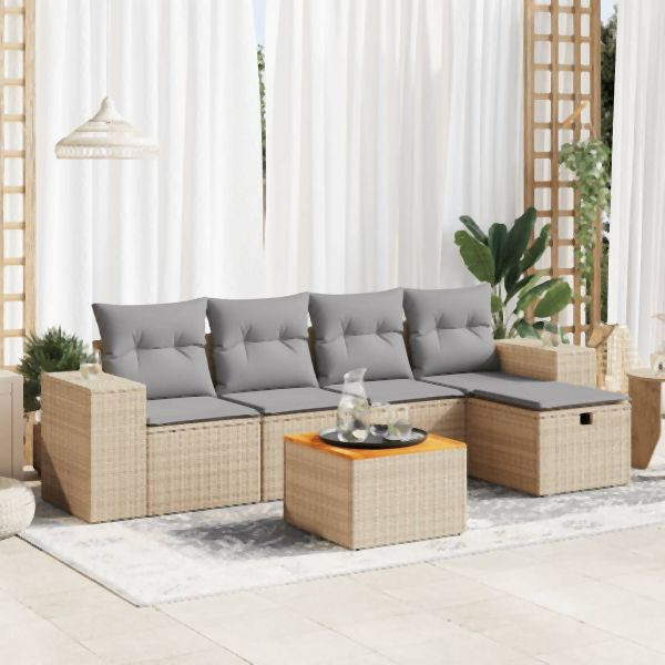 vidaXL 6-tlg. Garten-Sofagarnitur mit Kissen Beige Poly Rattan, 3325867