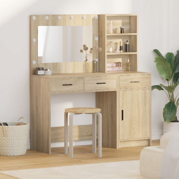 vidaXL 2-teiliges Schminktisch-Set mit LED aus Sonoma Eichenholz, 3334265