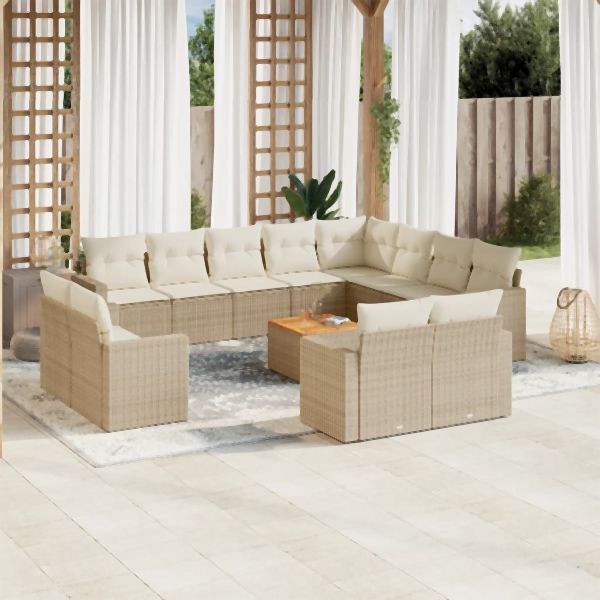 vidaXL 13-tlg. Garten-Sofagarnitur mit Kissen Beige Poly Rattan, 3256723