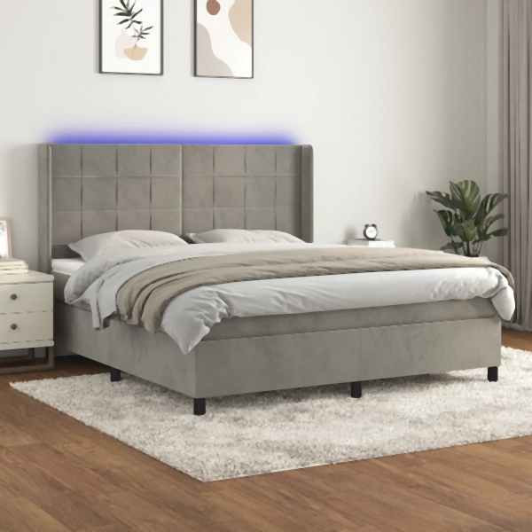 vidaXL Boxspringbett mit Matratze & LED Hellgrau 180x200 cm Samt, 3139577