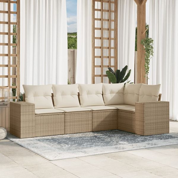vidaXL 5-teilig Garten-Sofagarnitur mit Kissen Beige Poly Rattan, 3222527