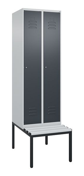 C+P Umkleidespind Classic PLUS, mit untergebauter Sitzbank, 2 Abteile, 2120x600x815mm, 7035/7016, Zylinderschlösser, 0800507-20 S10023