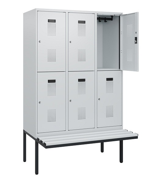C+P Doppelstock-Spind Evolo PLUS, Bank, 6 Fächer, 1950x1200x815mm, 7035/7035, Zylinderschloss, Sitzfläche Kunststoff, 0493405-32 S10148