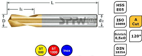SPPW NC-Anbohrer HSS-E05+A.Cut 120° ISO L: 49x8 - Ø2,0, 1234600200