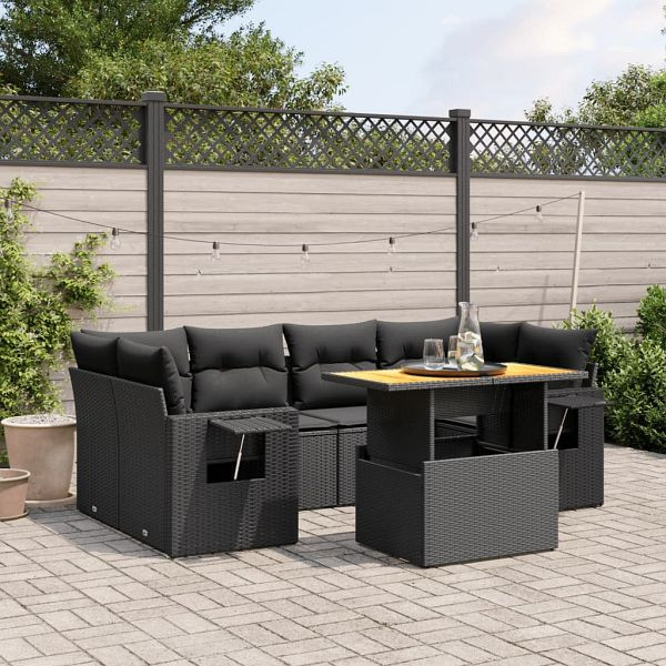 vidaXL 7-tlg. Garten-Sofagarnitur mit Kissen Schwarz Poly Rattan, 3271650