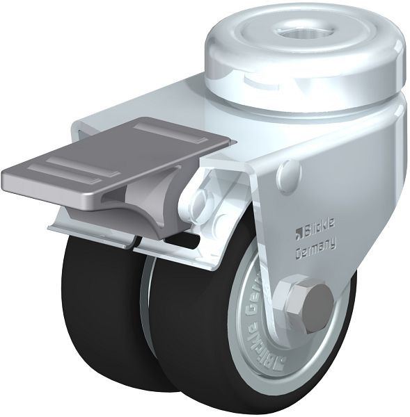 Blickle LMDA-PATH 50K-FI-FK Apparate-Doppel-Lenkrolle mit Rückenloch & Feststeller, Thermoplastisches Polyurethan, Grau, 757079