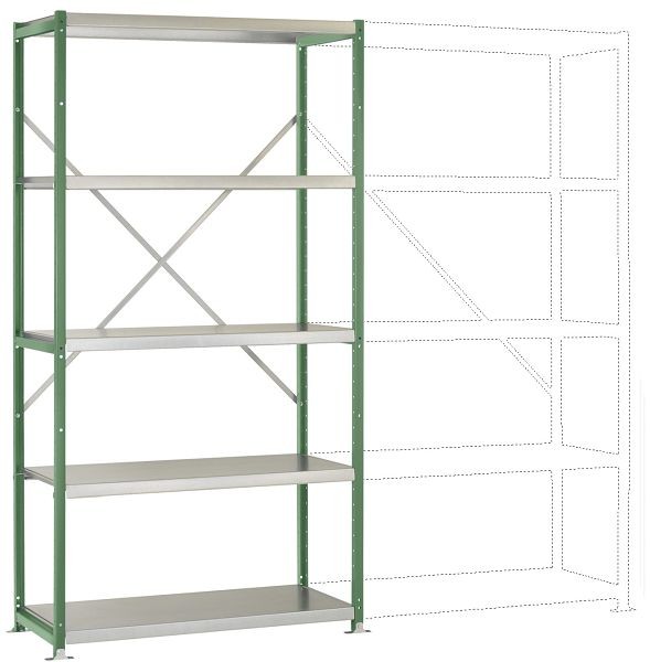 Manuflex Mittelschweres Fachboden-Steck-Grundregal mit 5 Stahlböden, HxBxT = 2000 x 1030 x 300 mm, resedagrün, RP1017.6011