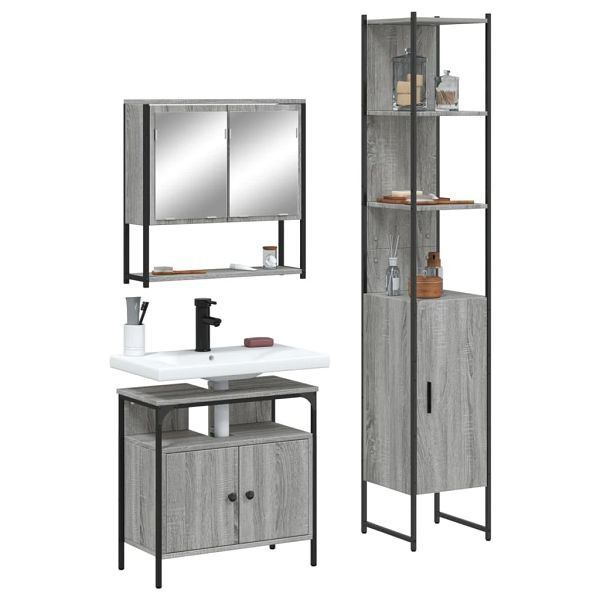 vidaXL 3-teilig Badmöbel-Set Grau Sonoma Holzwerkstoff, 3214678