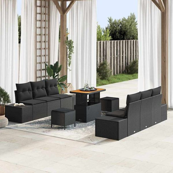 vidaXL Garten-Sofa-Set mit Kissen 9-teilig Schwarz Poly-Rattan, 3362739