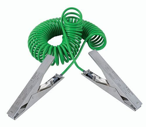 DENIOS Spiralerdungskabel, 2 Edelstahl-Erdungszangen HD 235 mm, 3 m Auszugslänge, ATEX, 201356