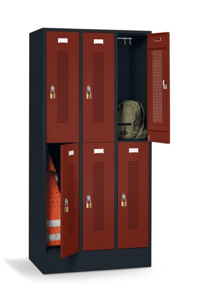 Deskin Doppelstöckiger Garderoben-Stahlspind mit Sockel, Rubinrot RAL 3003, 870 x 500 x 1800 mm, 6 Abteile, Korpus: Anthrazit RAL 7021, 346960