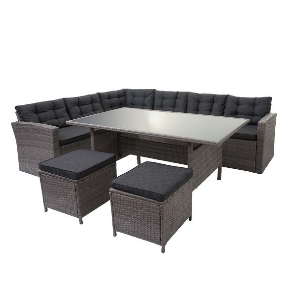Mendler Poly-Rattan-Garnitur HWC-A29, Gartengarnitur Sitzgruppe Lounge-Esstisch-Set Sofa, grau, Kissen grau + 2x Hocker, 76640+76641