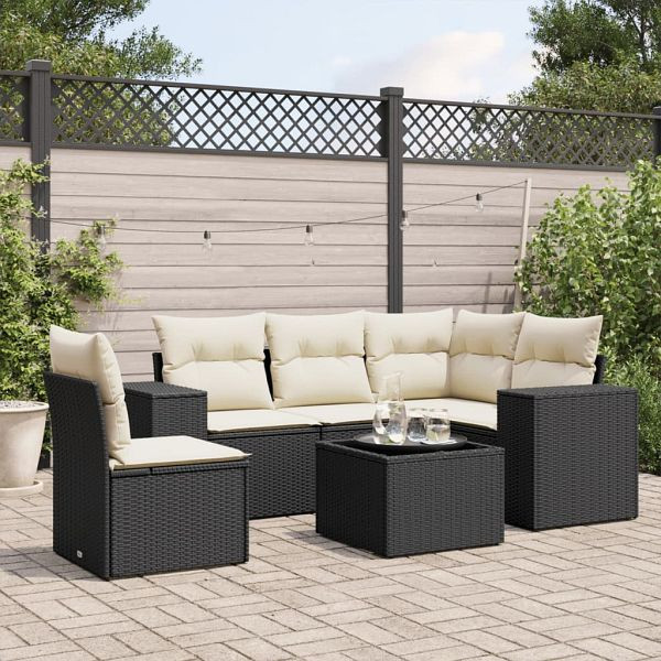 vidaXL 6-teilig Garten-Sofagarnitur mit Kissen Schwarz Poly Rattan, 3222575