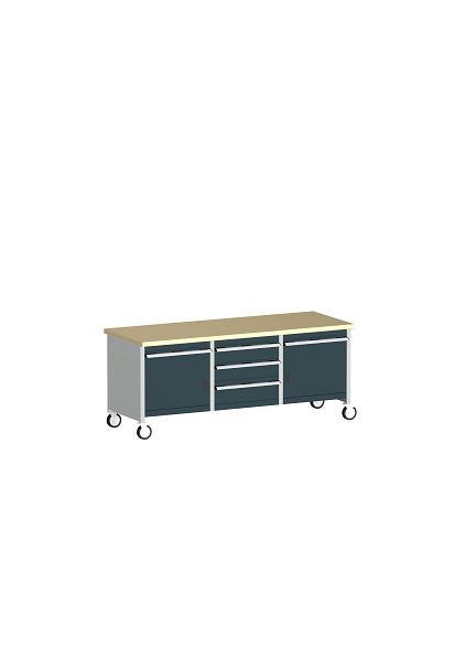 bott cubio Kastenwerkbank mobil 5 Schubladen 2 Türen, Rotbuche-Arbeitsplatte BxTxH: 2000 x 750 x 840 mm, RAL 7035/7016, 41002134.19V