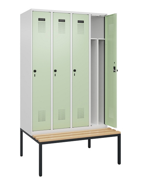 C+P Spind Evolo PLUS, 4 Abteile, 2120x1200x815mm, 9016/6019, Haken 4, Drehriegel, Sitzfläche Buche-Hartholz, Sitzbank, 0490507-40F S10019