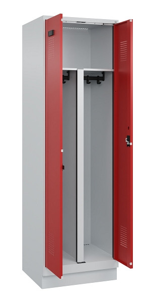 C+P PSA Schwarz-Weiß-Spind Evolo PLUS, mit Sockel, 2 Abteile, 1950x600x500mm, 70, Frontfarbe RAL 3000 feuerrot, Zylinderschloss, 049022-20P S10030
