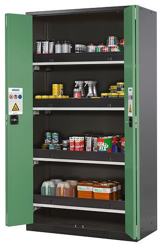 asecos Chemikalienschrank Systema-T CS-104F, Korpus anthrazit, Falttüren grün, inkl. 4 Tablarauszüge, 202714