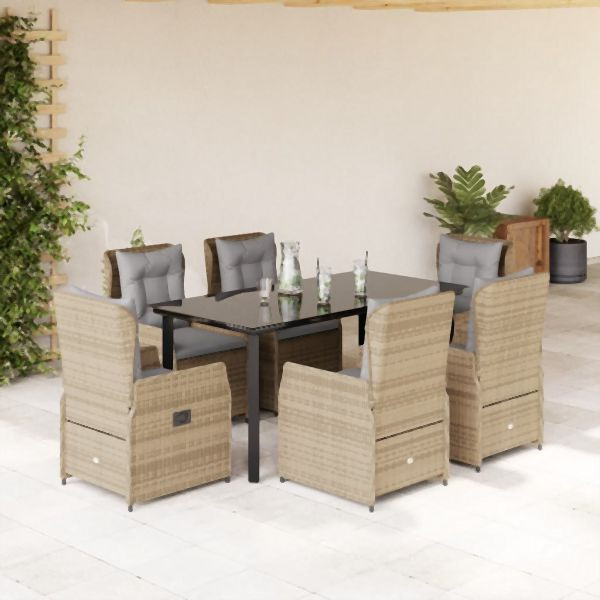 vidaXL 7-teilig Garten-Essgruppe mit Kissen Beige Poly Rattan, 3262879