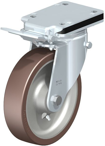 Blickle LH-GB 200K-IS Stahlblech-Lenkrolle, Schwerlast-Ausführung, mit Anschraubplatte & Feststeller, Blickle Besthane®, Braun, 744446
