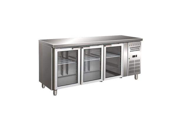 Gastro-Inox Edelstahl GN Kühltisch mit 3 Glastüren, Umluftkühlung, 202.232