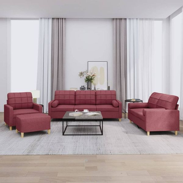 vidaXL 4-teilig Sofagarnitur mit Kissen Weinrot Stoff, 3201272