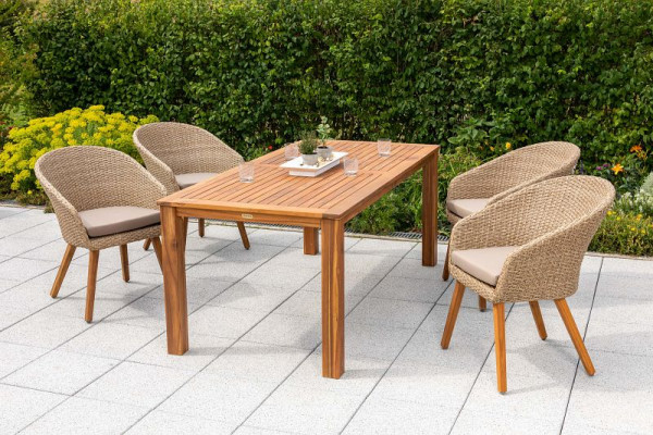Merxx Arrone Set 5-teilig, 4 Arrone Sessel, inkl. Sitzkissen, 1 Tisch 185 x 90 cm, Akazienholz, schilf, FSC Akazienholz, 50437-255