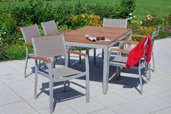 Merxx Naxos Set 7-teilig, 6 Naxos Stapelsessel, 1 Tisch, 150 x 90 cm, Aluminium mit Textilbespannung und FSC Akazienholz, 50214-309