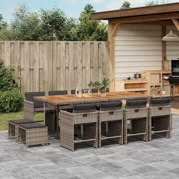 vidaXL 13-tlg. Garten-Essgruppe mit Kissen Grau Poly Rattan, UV-beständig, 3277933