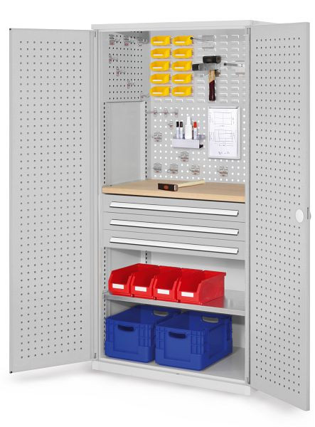 Kappes RasterPlan Schubladenschrank, Modell 15, RAL 7035, Türinnenseite: Lochplatten, 1950 x 1000 x 600 mm, 3 Schubladen H 100 mm, 1460.05.3013