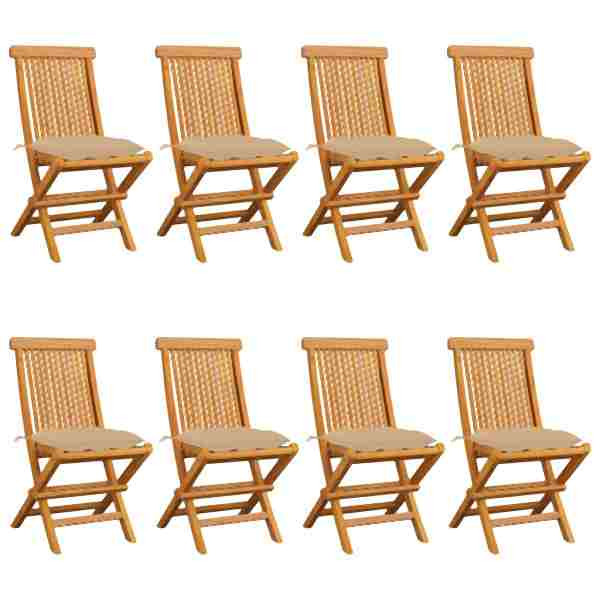 vidaXL Gartenstühle mit Beigen Kissen 8 Stück Massivholz Teak, 3072935