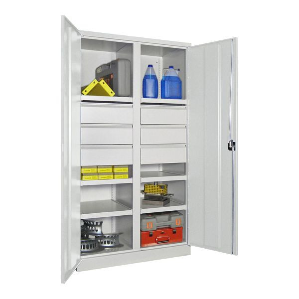 Pavoy Schwerlastschrank 1950/1040/630, Trennwand, 6 gepulverte Fachböden, 6 Schubladen, Flügeltüren, Drehgriff mit Zylinderschloss, 36366-104-002-910