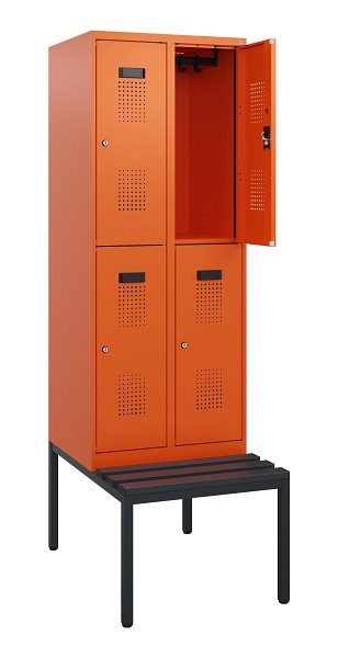 C+P Doppelstöckiger Spind Evolo PLUS, Bank, 4 Fächer, 1950x600x815mm, 2004/2004, Zylinderschloss, Sitzfläche Kunststoff, Sitzbank, 0493505-20 S10158