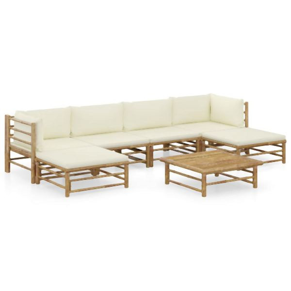 vidaXL 7-tlg. Garten-Lounge-Set mit Cremeweißen Kissen Bambus, 3058231