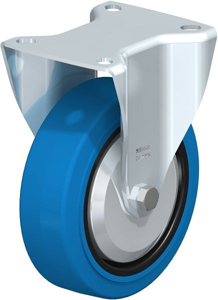 Blickle BK-POEV 125XR-1-SB-FA Stahlblech-Bockrolle, schwere Ausführung, mit Anschraubplatte, Elastik-Vollgummi, Blau, 851404