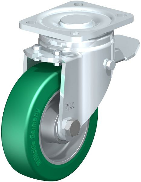 Blickle LH-ALST 125K-1-ST Stahlblech-Lenkrolle, Schwerlast-Ausführung, mit Anschraubplatte & Feststeller, Blickle Softhane®, Grün, 633032