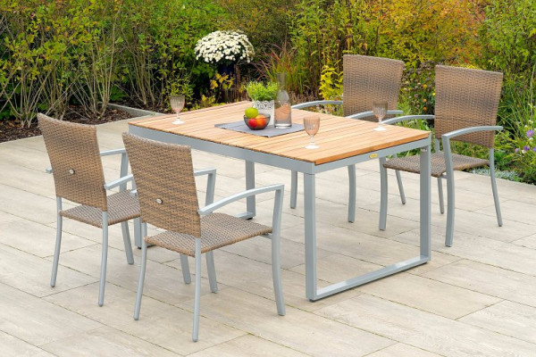 Merxx Savona Set 5-teilig, 4 Stapelsessel, 1 Ausziehtisch 150 (200) x 90 cm, Akazientischplatte, Silber/naturgrau, Tischunterkante: 62/67 cm, 50733-228