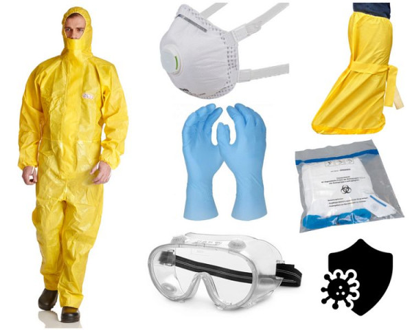 ProSafe Ebolaschutz-TopPro: PSXP-Overall, FFP3 Maske, Brille, Handschuhe, Überschuhe, Entsorgungsbeutel, XL, SET-TE / XL