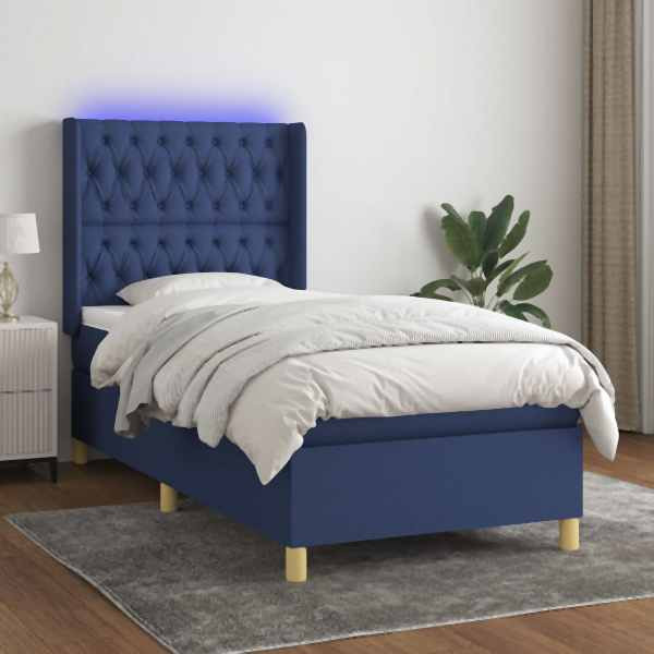 vidaXL Boxspringbett mit Matratze & LED Blau 90x200 cm Stoff, 3139091
