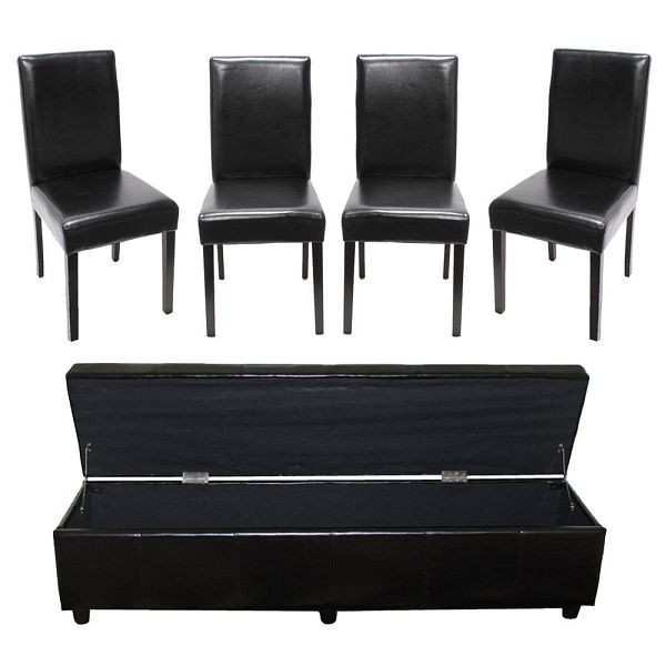 Mendler Garnitur Sitzgruppe Bank mit Aufbewahrung Kriens XXL+4 Stühle Littau, Kunstleder/Leder FSC, schwarz, 12876+7972+7972